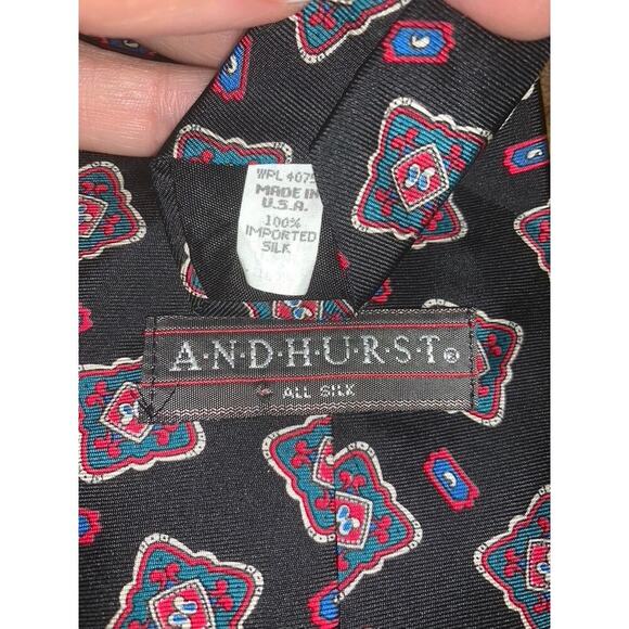 Andhurst Men's Designer Silk Tie Black with Red & Blue Geometric Pattern - Picture 3 of 5